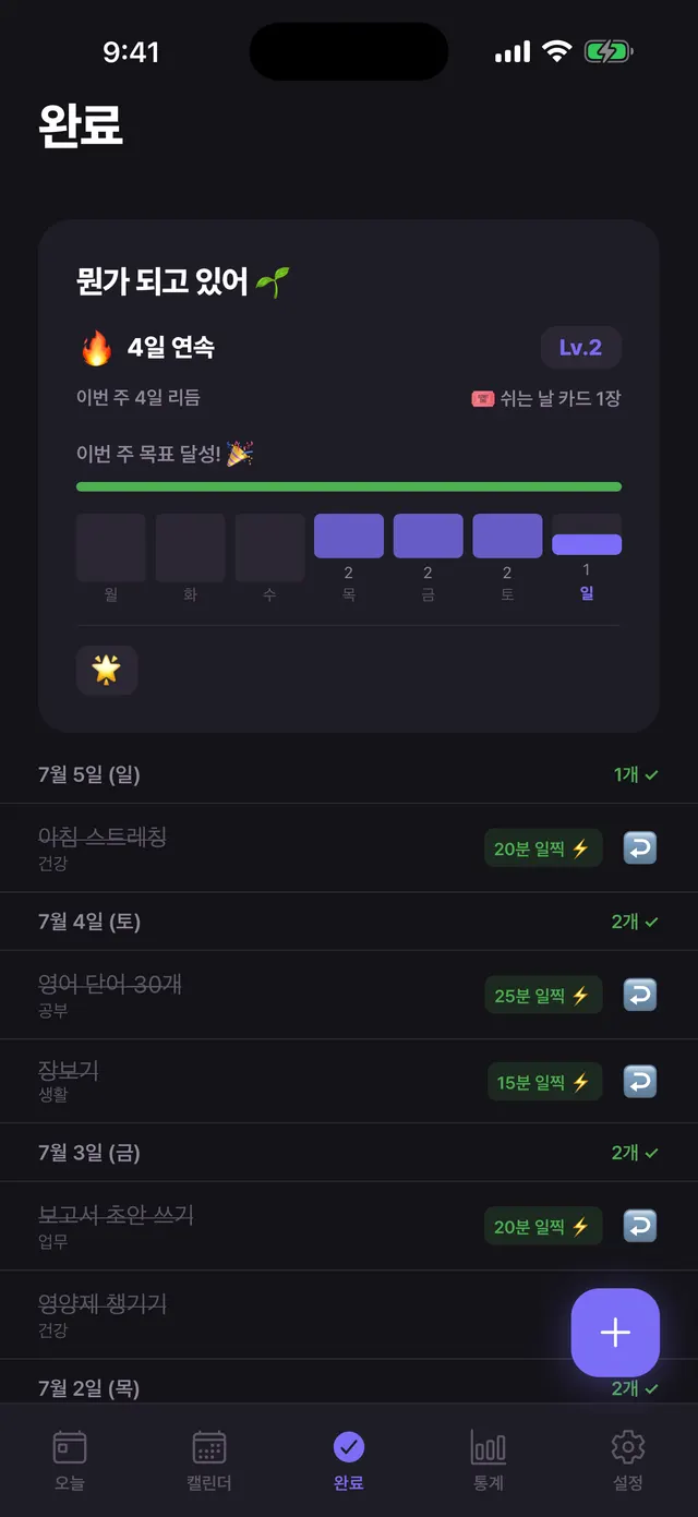 이따 앱 완료 화면 — 4일 연속 스트릭, 주간 리듬 그래프, 쉬는 날 카드 1장